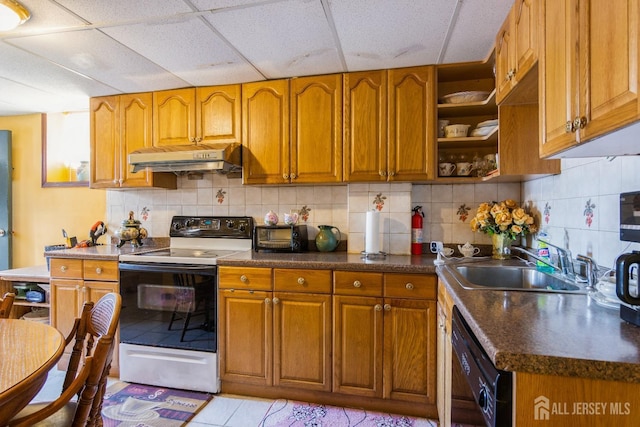 99 William St, South River, NJ 08882 - kitchen featuring range with electric stovetop, under cabinet range hood, black dishwasher, brown cabinets, and tasteful backsplash