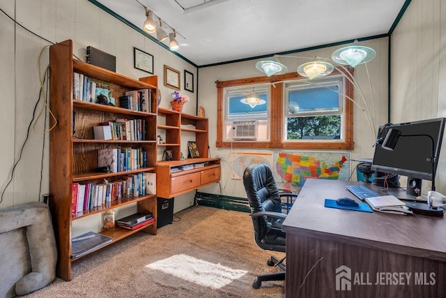 73 Webb Dr, Fords, NJ 08863 - carpeted office with cooling unit, crown molding, track lighting, and wood walls