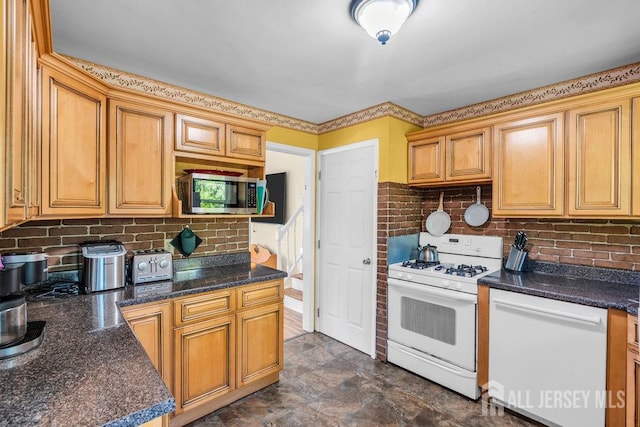 73 Webb Dr, Fords, NJ 08863 - kitchen with white appliances, tasteful backsplash, and dark stone counters