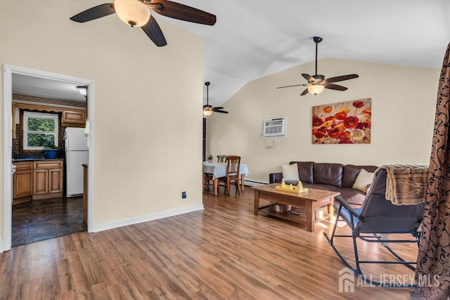 73 Webb Dr, Fords, NJ 08863 - living room with ceiling fan, lofted ceiling, wood finished floors, and a wall unit AC