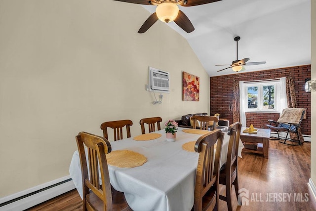 73 Webb Dr, Fords, NJ 08863 - dining space featuring baseboard heating, ceiling fan, a wall unit AC, brick wall, and wood finished floors