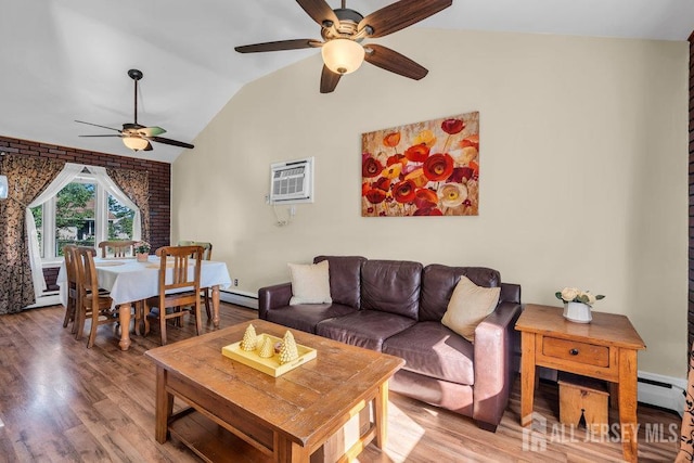 73 Webb Dr, Fords, NJ 08863 - living area with ceiling fan, wood finished floors, lofted ceiling, a baseboard radiator, and a wall unit AC