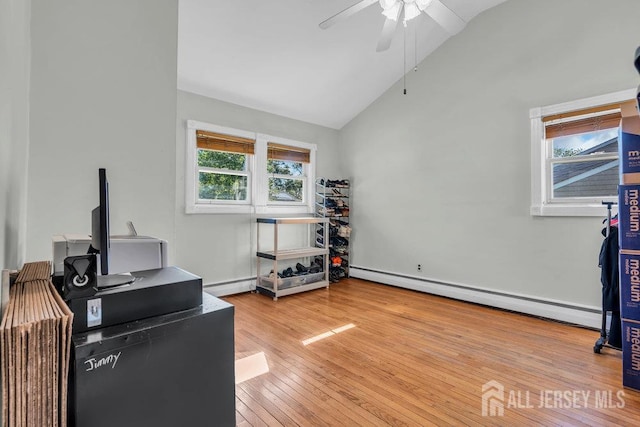 73 Webb Dr, Fords, NJ 08863 - office featuring a baseboard radiator, a baseboard heating unit, vaulted ceiling, a ceiling fan, and hardwood / wood-style flooring
