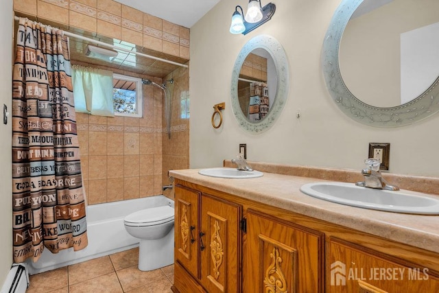 73 Webb Dr, Fords, NJ 08863 - full bathroom featuring shower / tub combo with curtain, a baseboard radiator, double vanity, and tile patterned floors