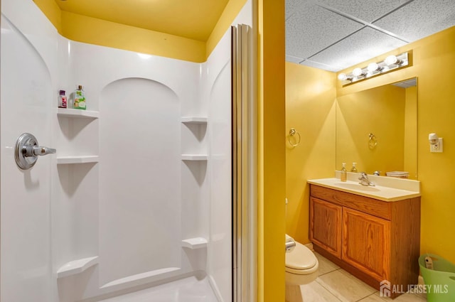 10 Rauer Ct, South Plainfield, NJ 07080 - bathroom featuring a shower stall, vanity, tile patterned flooring, and a drop ceiling