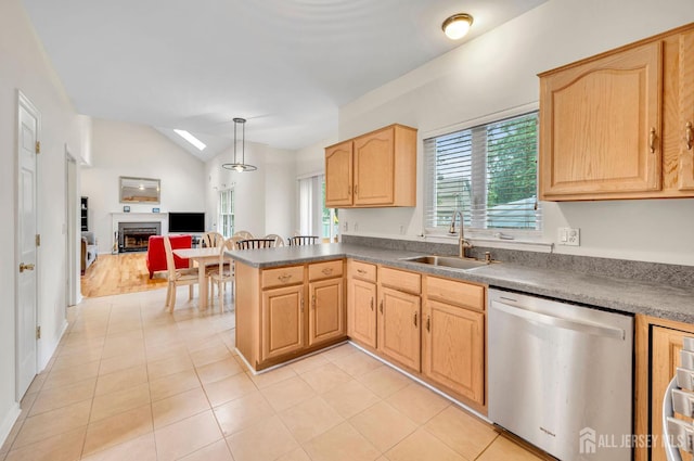 10 Rauer Ct, South Plainfield, NJ 07080 - kitchen with dishwasher, light brown cabinets, a fireplace, open floor plan, and dark countertops