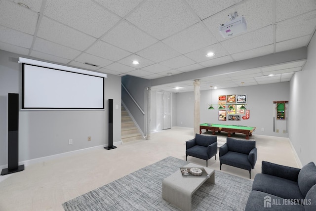 home theater featuring baseboards, recessed lighting, a drop ceiling, pool table, and carpet flooring