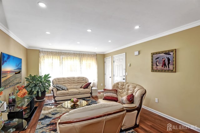 living room featuring ornamental molding and dark hardwood / wood-style floors