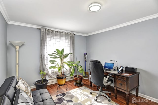 office area with crown molding and hardwood / wood-style floors