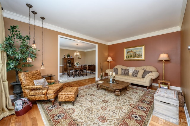 15 Heather Ct, Mansfield, NJ 08022 - living area featuring wood finished floors, a chandelier, crown molding, and baseboards