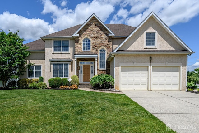 15 Heather Ct, Mansfield, NJ 08022 - view of front facade featuring stucco siding, driveway, stone siding, and a front lawn