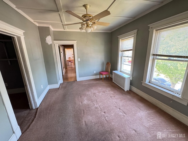 134 S Stevens Ave S, South Amboy, NJ 08879 - unfurnished bedroom featuring radiator, carpet floors, baseboards, coffered ceiling, and crown molding