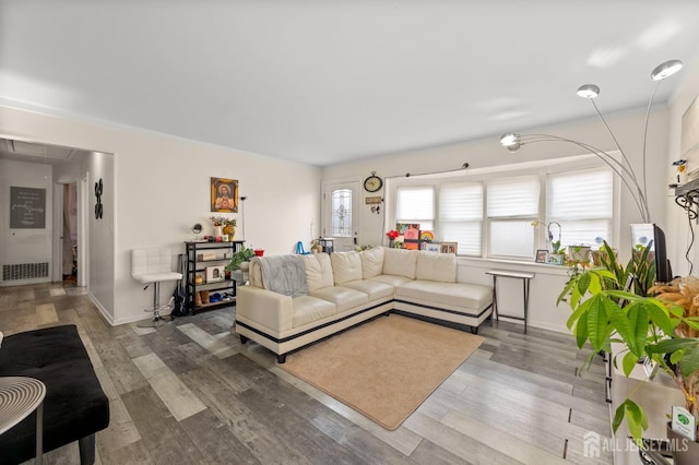 living area featuring attic access, wood finished floors, and visible vents