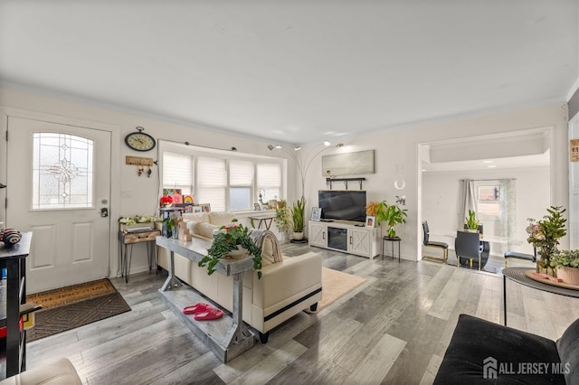 living room featuring ornamental molding and wood finished floors