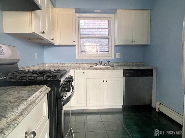 kitchen featuring black gas range, exhaust hood, sink, stainless steel dishwasher, and a baseboard radiator