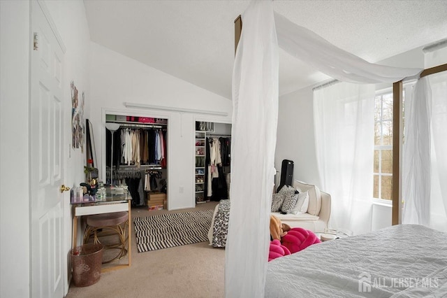 bedroom with carpet floors, a closet, and vaulted ceiling