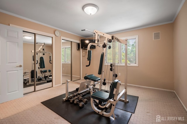 16 Darby Rd, East Brunswick, NJ 08816 - workout room featuring ornamental molding, carpet flooring, and baseboards