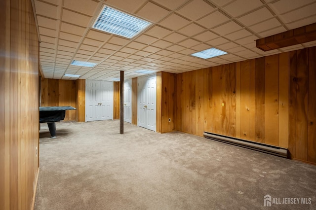 16 Darby Rd, East Brunswick, NJ 08816 - finished below grade area featuring a baseboard heating unit, carpet floors, wooden walls, and a drop ceiling