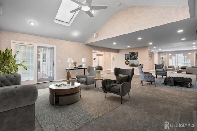 16 Darby Rd, East Brunswick, NJ 08816 - carpeted living area with recessed lighting, a ceiling fan, a skylight, and high vaulted ceiling