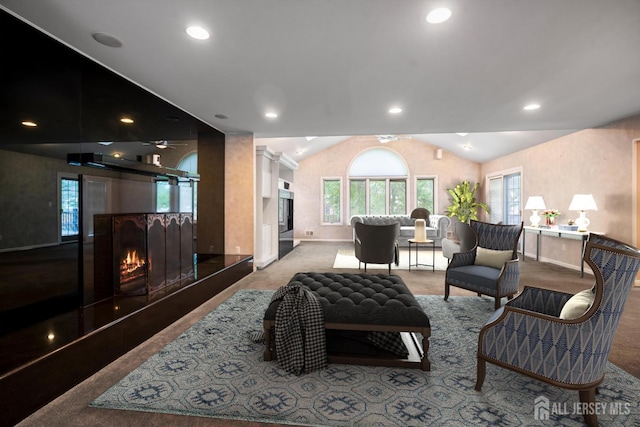 16 Darby Rd, East Brunswick, NJ 08816 - living area featuring a premium fireplace, recessed lighting, baseboards, carpet floors, and vaulted ceiling