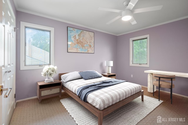 16 Darby Rd, East Brunswick, NJ 08816 - bedroom with multiple windows, light colored carpet, crown molding, baseboards, and a ceiling fan