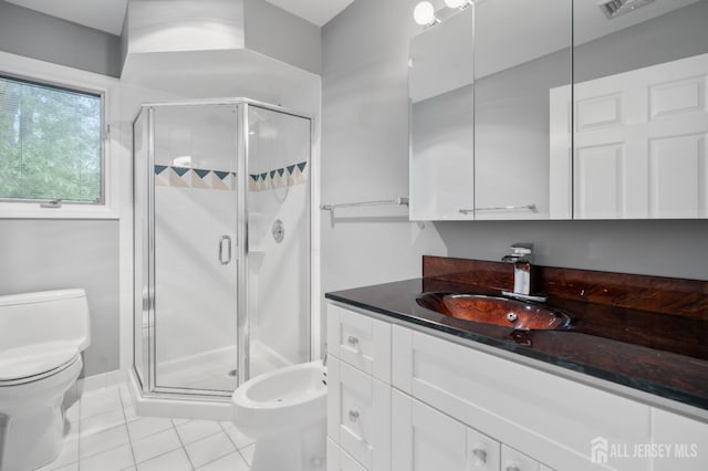 16 Darby Rd, East Brunswick, NJ 08816 - full bath featuring toilet, vanity, a shower stall, tile patterned floors, and a bidet
