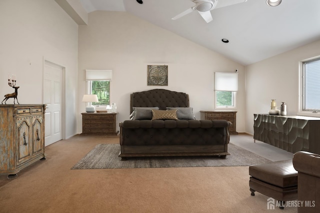 16 Darby Rd, East Brunswick, NJ 08816 - bedroom with carpet, multiple windows, high vaulted ceiling, and a ceiling fan
