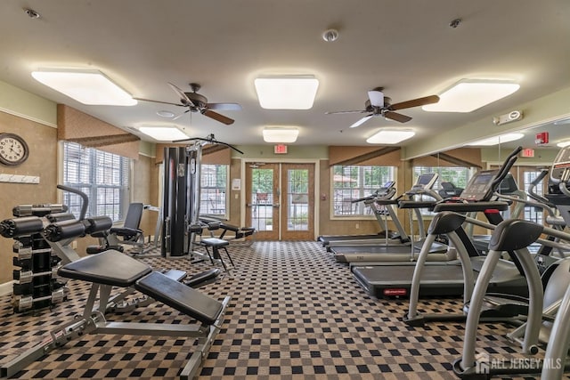 2206 Cedar Village Blvd, East Brunswick, NJ 08816 - gym featuring ceiling fan, plenty of natural light, and french doors