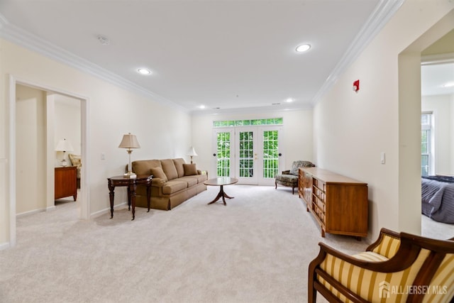 2206 Cedar Village Blvd, East Brunswick, NJ 08816 - living room with light carpet, recessed lighting, crown molding, and french doors