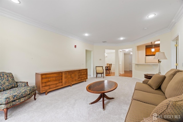 2206 Cedar Village Blvd, East Brunswick, NJ 08816 - living area featuring ornamental molding, light colored carpet, and recessed lighting