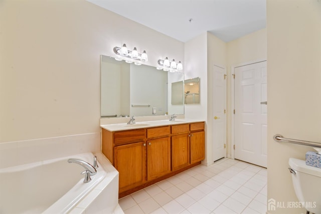 2206 Cedar Village Blvd, East Brunswick, NJ 08816 - bathroom with a garden tub, double vanity, and tile patterned floors