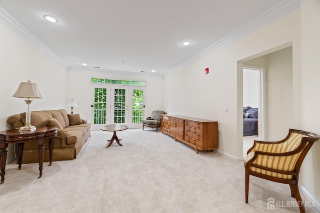 2206 Cedar Village Blvd, East Brunswick, NJ 08816 - living room featuring light carpet, ornamental molding, and recessed lighting