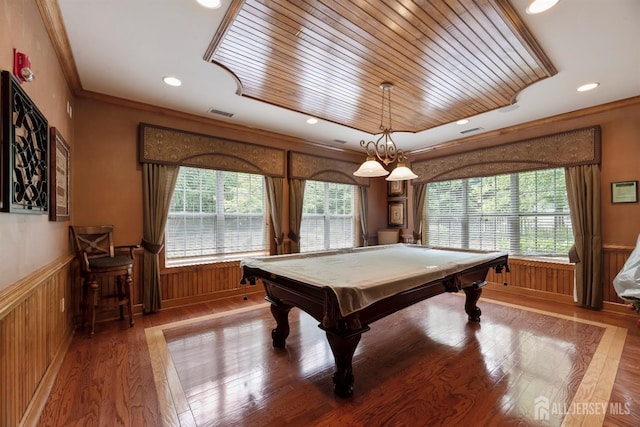 2206 Cedar Village Blvd, East Brunswick, NJ 08816 - rec room with a wainscoted wall, wood finished floors, billiards, crown molding, and wooden ceiling