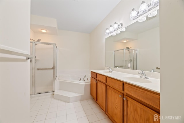 2206 Cedar Village Blvd, East Brunswick, NJ 08816 - full bathroom featuring a shower stall, a garden tub, double vanity, and tile patterned floors