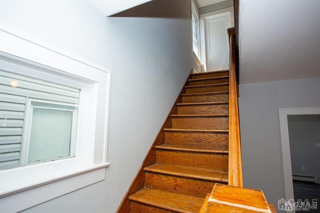 staircase with baseboard heating