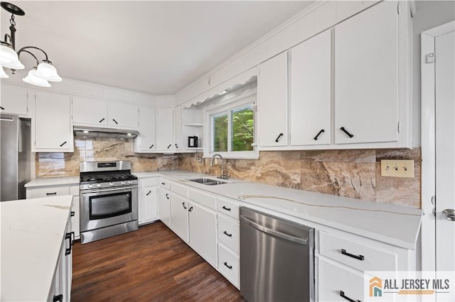 11 Amendola Dr, Netcong, NJ 07857 - kitchen featuring appliances with stainless steel finishes, a sink, under cabinet range hood, white cabinets, and backsplash