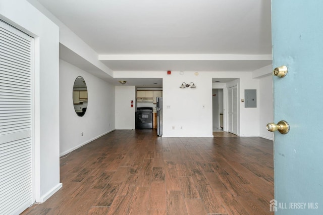 unfurnished living room with dark wood-type flooring and electric panel