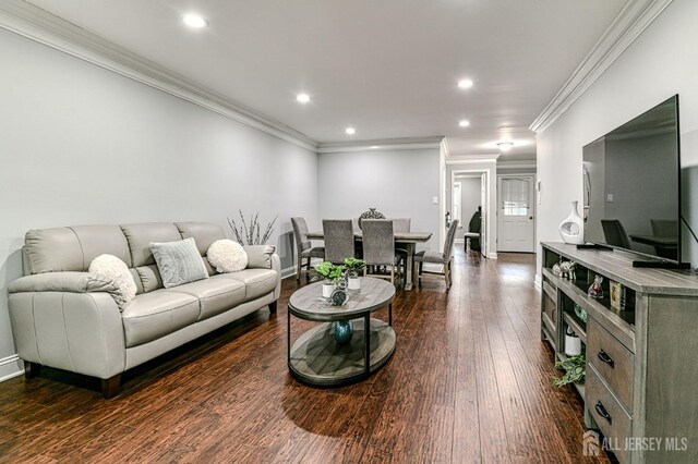 living room with crown molding and dark hardwood / wood-style floors