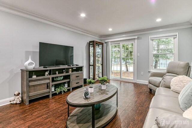 living room with ornamental molding and hardwood / wood-style floors