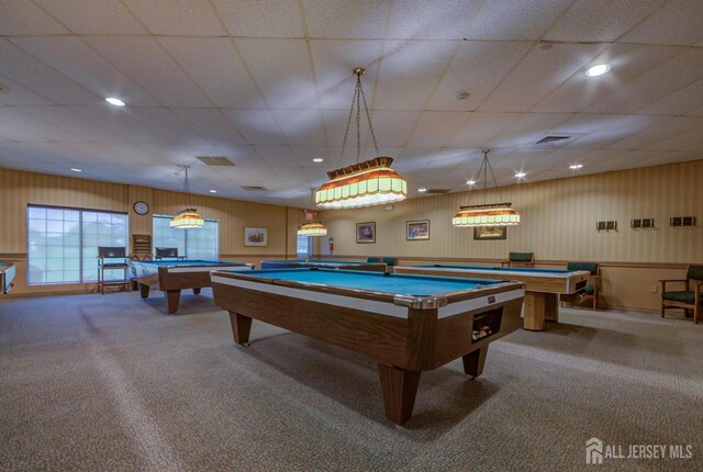 recreation room featuring carpet flooring, pool table, and a drop ceiling