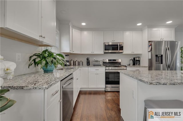 212 Freeman St, Woodbridge Proper, NJ 07095 - kitchen with stainless steel appliances, white cabinets, recessed lighting, dark wood-type flooring, and light stone countertops