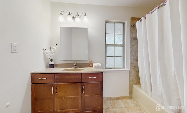 full bath featuring tile patterned floors, shower / bath combo, baseboards, and vanity