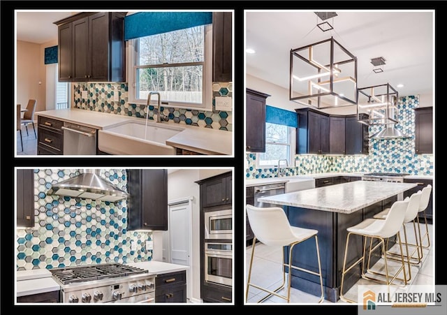 kitchen with a kitchen island, a breakfast bar, sink, dark brown cabinetry, and stainless steel appliances