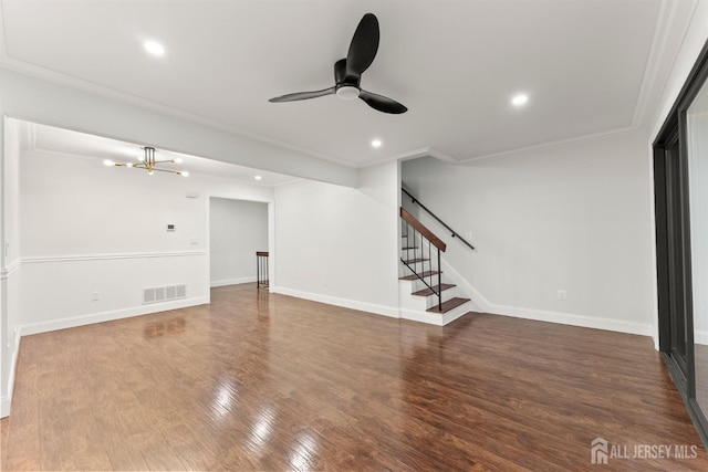50 Ellen Heath Dr, Matawan, NJ 07747 - unfurnished living room featuring wood finished floors, ceiling fan, recessed lighting, stairway, and baseboards
