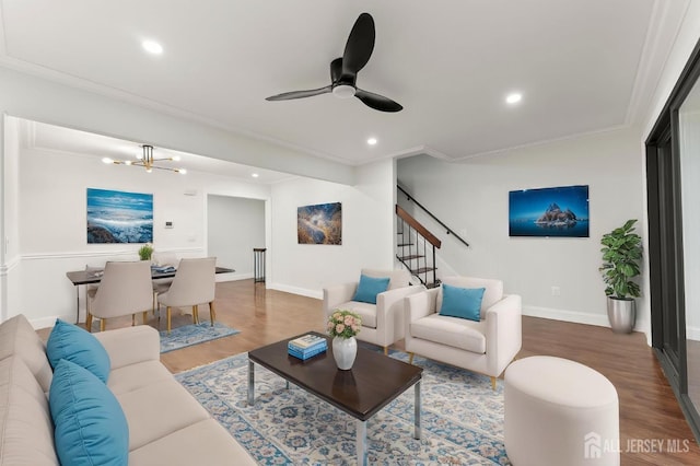 50 Ellen Heath Dr, Matawan, NJ 07747 - living room featuring wood finished floors, stairway, recessed lighting, ceiling fan, and baseboards