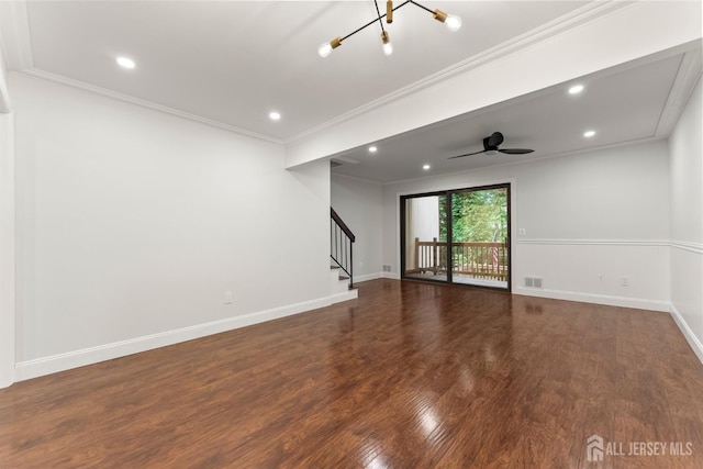 50 Ellen Heath Dr, Matawan, NJ 07747 - unfurnished living room featuring stairs, crown molding, wood finished floors, recessed lighting, and a ceiling fan