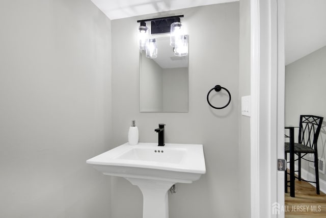 bathroom with wood finished floors and a sink