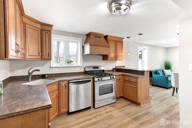 kitchen with premium range hood, a peninsula, a sink, appliances with stainless steel finishes, and dark countertops