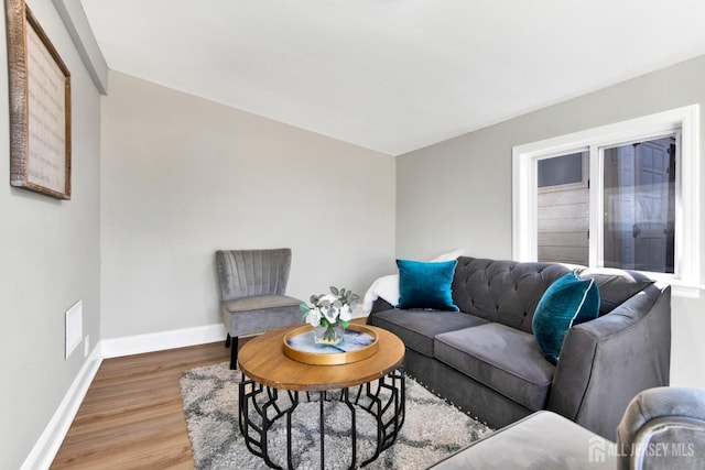 living room with baseboards and wood finished floors