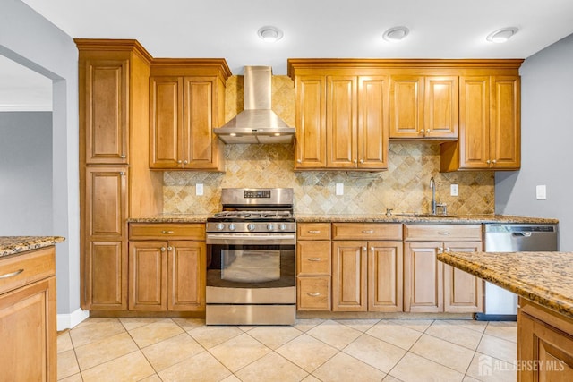11 Eagle Rd, Edison, NJ 08820 - kitchen featuring appliances with stainless steel finishes, wall chimney range hood, backsplash, and light stone countertops